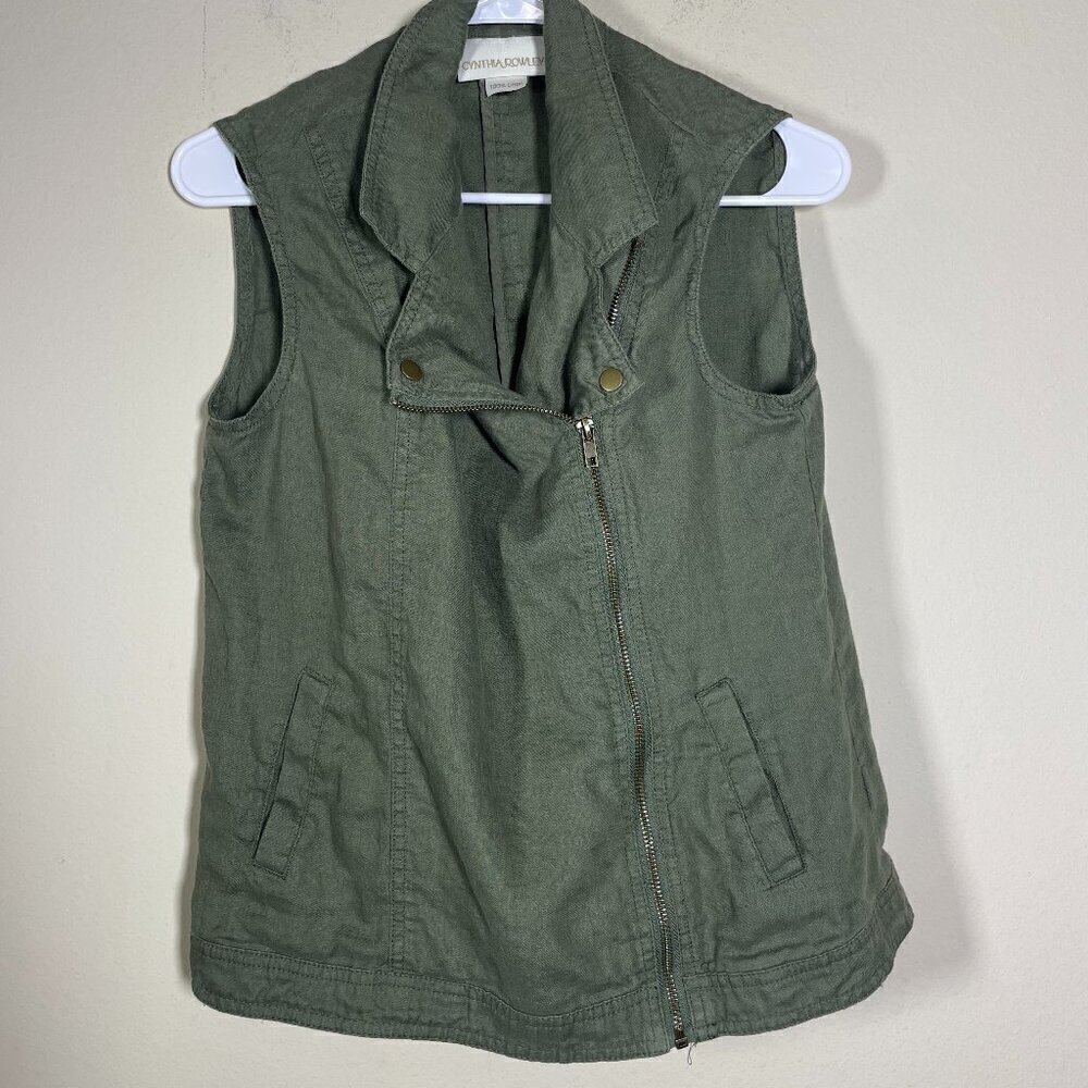 Cynthia Rowley olive green 100% linen vest Small layering lagenlook boho chic!
